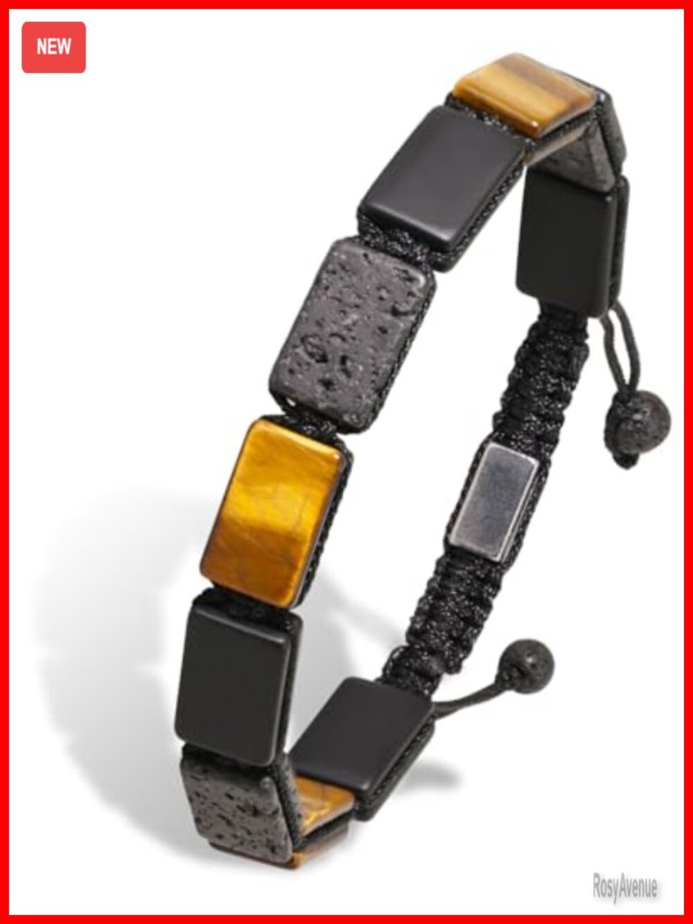 Men's Natural Tiger Eye Lava Rock Black Onyx Beaded Bracelet Adjustable